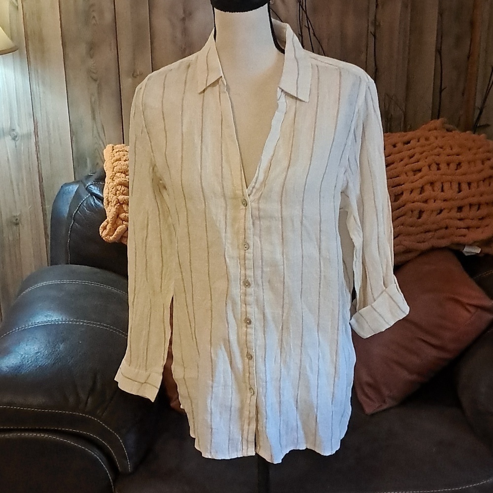 Halston Linen Button Up Shirt Long Slleve Stipped V Neck Preppy Neutral